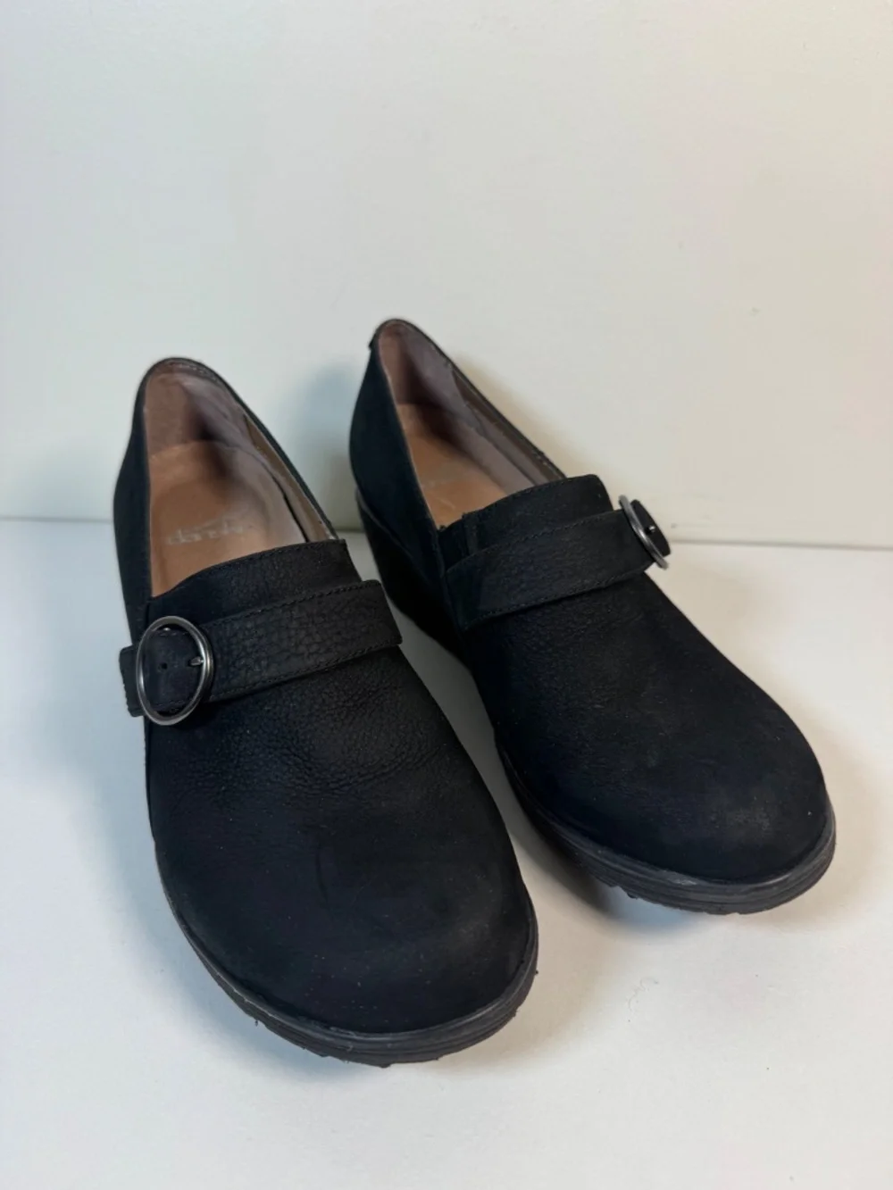 Dansko Clio Black Nubuck Leather Wedge Slip On Buckle Shoes | Size 39
